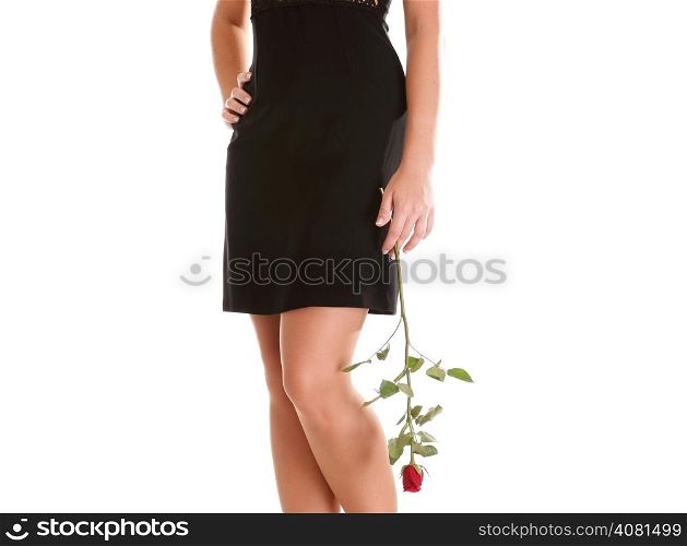 portrait of attractive caucasian woman isolated on white red rose