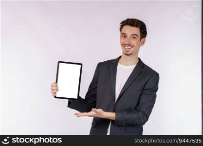 Portrait of attractive cheerful businessman using device app searching web isolated over white color background. Technology and business concept.