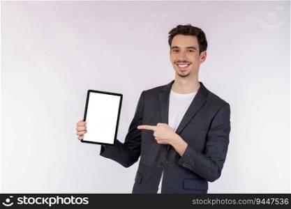 Portrait of attractive cheerful businessman using device app searching web isolated over white color background. Technology and business concept.