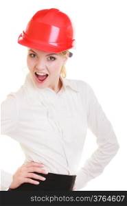 Portrait of attractive female engineer. Woman architect in red safety helmet isolated on white. Building. Studio shot.