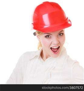 Portrait of attractive female engineer. Woman architect in red safety helmet isolated on white. Building. Studio shot.