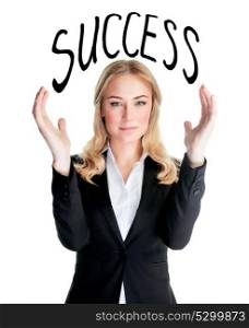 Portrait of attractive female wearing black suit with hands up isolated on white background, serious business woman, successful people concept