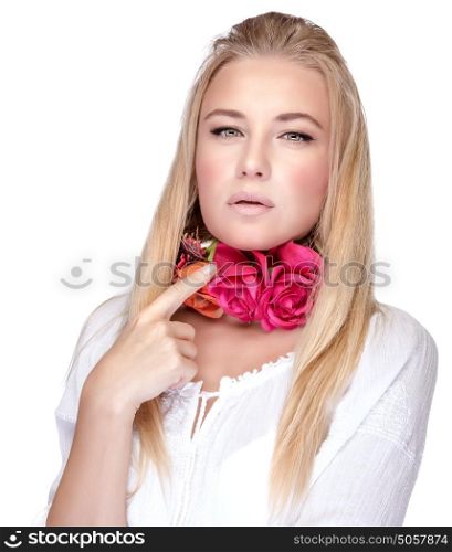Portrait of attractive female with stylish floral accessories on the neck, isolated on white background, beauty and fashion concept