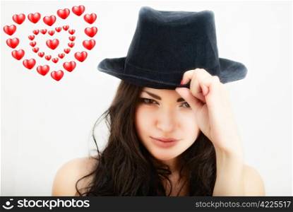 portrait of attractive girl in hat. Studio shot
