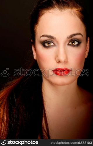 Portrait of attractive girl with red lips. Make up. Perfect skin