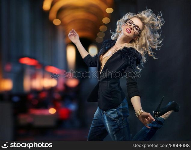 Portrait of attractive lady running in the downtown