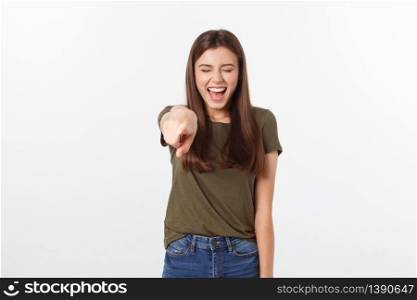 portrait of attractive smile laugh teenage girl, pointing her finger, wear green shirt, white teeth, brown long hair, isolated over white background. portrait of attractive smile laugh teenage girl, pointing her finger, wear green shirt, white teeth, brown long hair, isolated over white background.