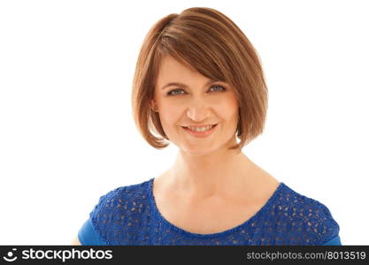 Portrait of attractive smiling woman looking at camera on white background. Isolated, studio shot