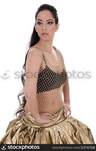 Portrait of attractive woman performing dance on white background