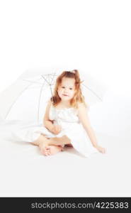 portrait of attractive young girl in white dress with umbrella