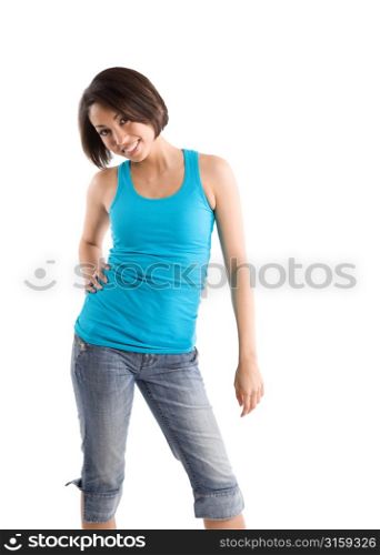 Portrait of Attractive Young Woman in blue T-Shirt