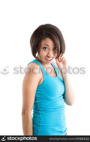 Portrait of Attractive Young Woman in blue T-Shirt