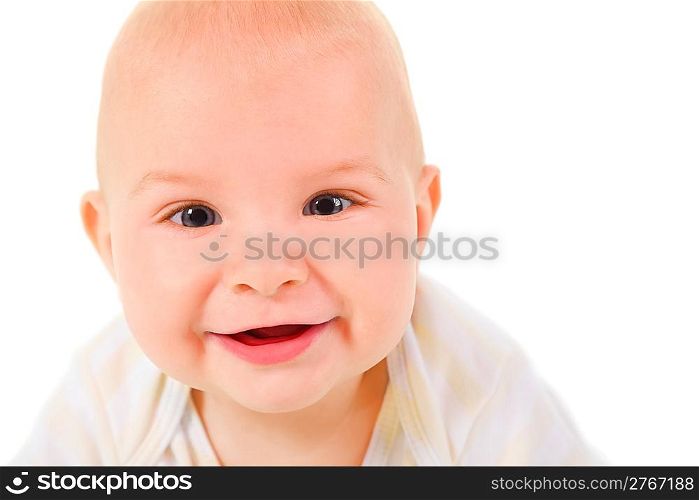 portrait of baby. baby is creeping on all fours, looking and smiling. isolated.
