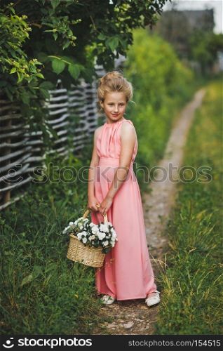 Portrait of baby in pink dress on the path at the wicker fence. Portrait of a child in a dress and with makeup on nature 6597.