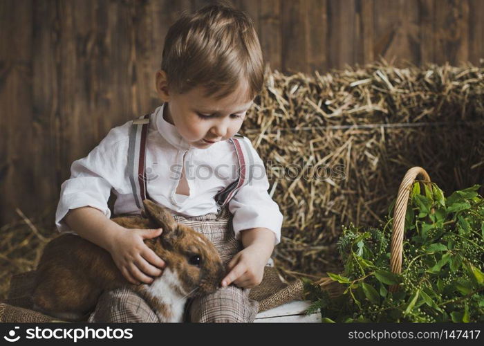 Portrait of baby rabbit among white and hay boxes.. Portrait of a little boy playing with a rabbit 6049.