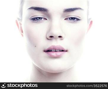 Portrait of beautiful angelic lady on a white background