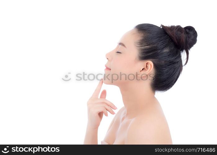 Portrait of beautiful asian brunette woman makeup of cosmetic, girl hand touch chin and smile attractive, face of beauty perfect with wellness isolated on white background with skin healthcare concept.