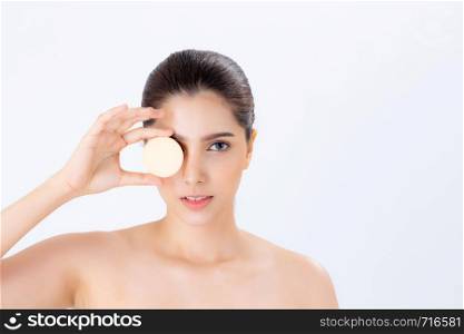 Portrait of beautiful asian woman applying powder puff at cheek makeup of cosmetic, beauty of girl with face smile isolated on white background, wellness and healthcare concept.