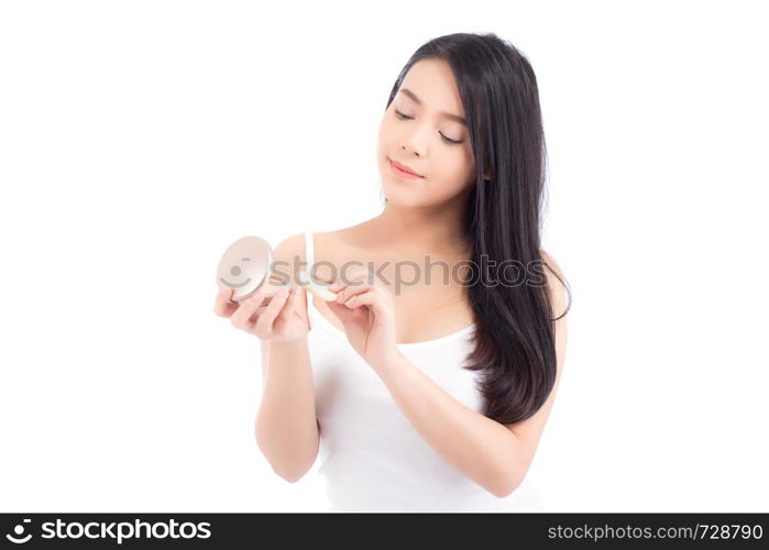 Portrait of beautiful asian woman applying powder puff at cheek makeup of cosmetic, beauty of girl with face smile isolated on white background, wellness and healthcare concept.