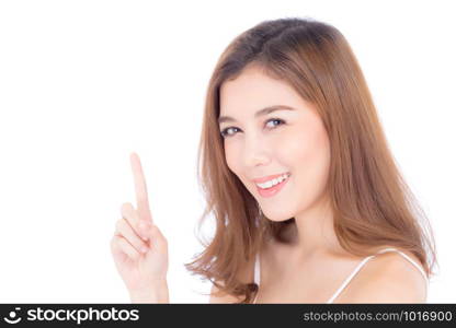 Portrait of beautiful asian woman makeup of cosmetic, beauty of girl with face smile and finger point something attractive isolated on white background, perfect with wellness and healthcare concept.