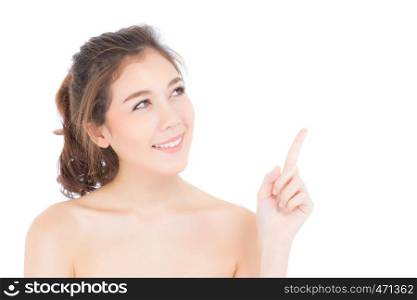 Portrait of beautiful asian woman makeup of cosmetic, beauty of girl with face smile and finger point something attractive isolated on white background, perfect with wellness and healthcare concept.