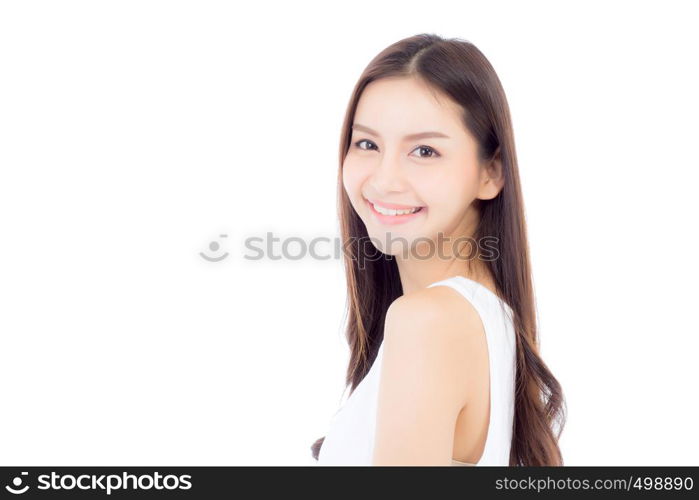 Portrait of beautiful asian woman makeup of cosmetic, beauty of girl with face smile attractive isolated on white background, perfect with wellness and healthcare concept.