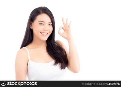 Portrait of beautiful asian woman makeup of cosmetic, beauty of girl with face smile and gesture ok attractive isolated on white background, perfect with wellness and healthcare concept.