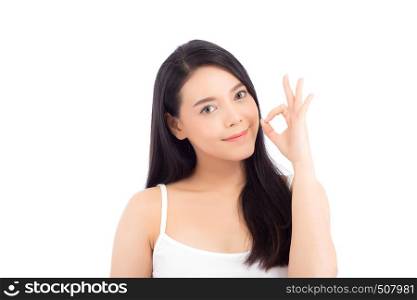 Portrait of beautiful asian woman makeup of cosmetic, beauty of girl with face smile and gesture ok attractive isolated on white background, perfect with wellness and healthcare concept.