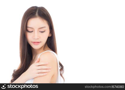 Portrait of beautiful asian woman makeup of cosmetic, beauty of girl with face smile attractive isolated on white background, perfect with wellness and healthcare concept.