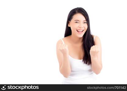 Portrait of beautiful asian woman makeup of cosmetic, beauty of girl with face smile and gesture glad attractive isolated on white background, success perfect with wellness and healthcare concept.