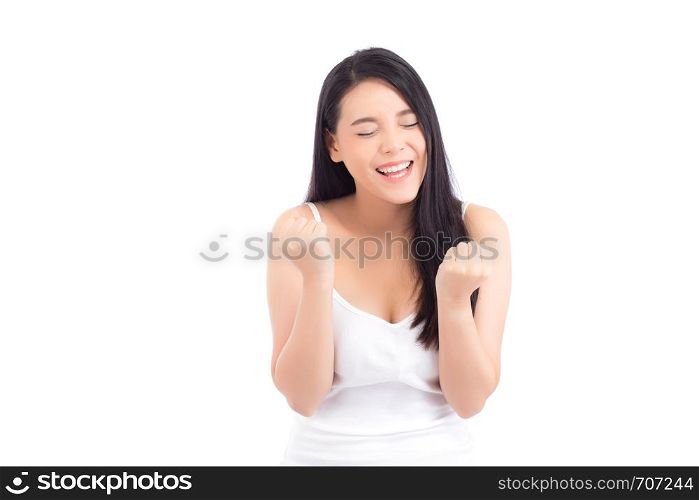 Portrait of beautiful asian woman makeup of cosmetic, beauty of girl with face smile and gesture glad attractive isolated on white background, success perfect with wellness and healthcare concept.