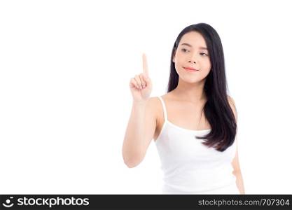 Portrait of beautiful asian woman makeup of cosmetic, beauty of girl with face smile and finger point something attractive isolated on white background, perfect with wellness and healthcare concept.