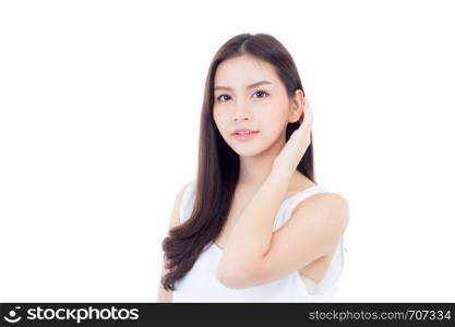 Portrait of beautiful asian woman makeup of cosmetic, beauty of girl with face smile attractive isolated on white background, perfect with wellness and healthcare concept.