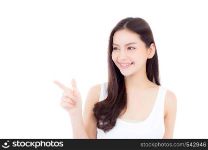 Portrait of beautiful asian woman makeup of cosmetic, girl hand pointing something and smile attractive, face of beauty perfect with wellness isolated on white background with skin healthcare concept.