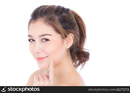 Portrait of beautiful asian woman makeup of cosmetic - girl hand touch cheek and smile on attractive face with skin healthcare concept isolated on white background.