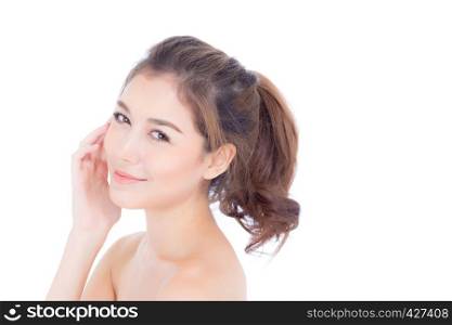 Portrait of beautiful asian woman makeup of cosmetic - girl hand touch cheek and smile on attractive face isolated on white background with skin healthcare concept.