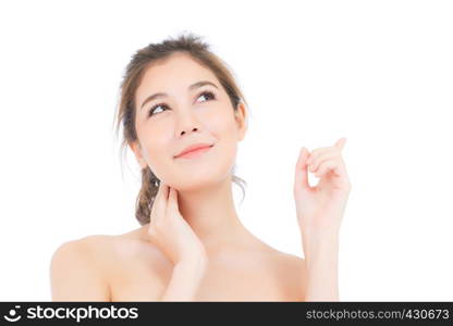 Portrait of beautiful asian woman makeup of cosmetic - girl hand touch cheek and pointing something attractive face with skin healthcare concept isolated on white background.