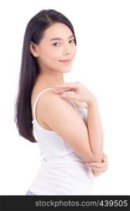 Portrait of beautiful asian woman makeup of cosmetic - girl hand touch shoulder and smile on attractive face with skin healthcare concept isolated on white background.