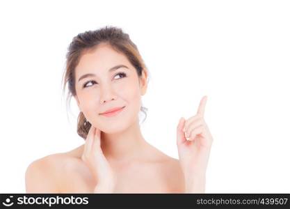 Portrait of beautiful asian woman makeup of cosmetic - girl hand touch cheek and pointing something attractive face with skin healthcare concept isolated on white background.