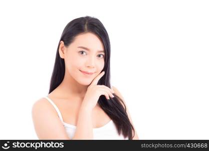 Portrait of beautiful asian woman makeup of cosmetic, girl hand touch cheek and smile attractive, face of woman beauty perfect with wellness isolated on white background with skin healthcare concept.