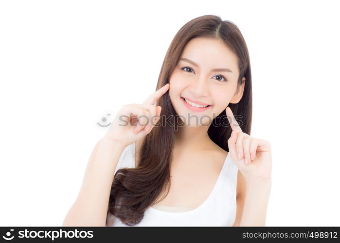 Portrait of beautiful asian woman makeup of cosmetic, girl hand touch cheek and smile attractive, face of beauty perfect with wellness isolated on white background with skin healthcare concept.