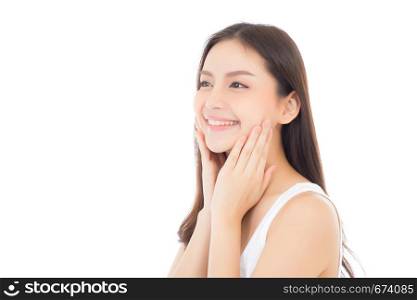 Portrait of beautiful asian woman makeup of cosmetic, girl hand touch cheek and smile attractive, face of beauty perfect with wellness isolated on white background with skin healthcare concept.