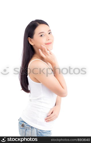 Portrait of beautiful asian woman makeup of cosmetic, girl hand touch cheek and smile attractive, face of beauty perfect with wellness isolated on white background with skin healthcare concept.