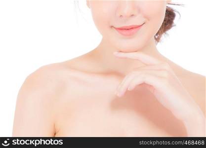 Portrait of beautiful asian woman makeup of cosmetic, girl hand touch chin and smile attractive, face of beauty perfect with wellness isolated on white background with skin healthcare concept.