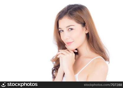 Portrait of beautiful asian woman makeup of cosmetic, girl hand touch chin and smile attractive, lips beauty perfect with wellness isolated on white background with healthcare concept.