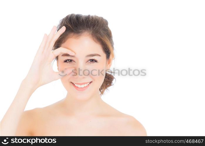 Portrait of beautiful asian woman makeup of cosmetic, girl hand touch eye and smile attractive, face of beauty perfect with wellness isolated on white background with skin healthcare concept.