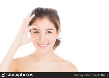 Portrait of beautiful asian woman makeup of cosmetic, girl hand touch eye and smile attractive, face of beauty perfect with wellness isolated on white background with skin healthcare concept.