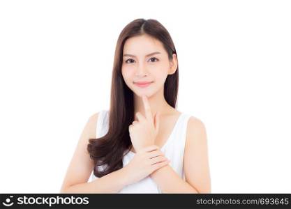Portrait of beautiful asian woman makeup of cosmetic, girl hand touch mouth and smile attractive, lips beauty perfect with wellness isolated on white background with healthcare concept.