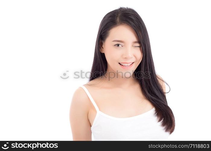 Portrait of beautiful asian woman makeup of cosmetic, girl smile attractive, face of beauty perfect with wellness isolated on white background with skin healthcare concept.