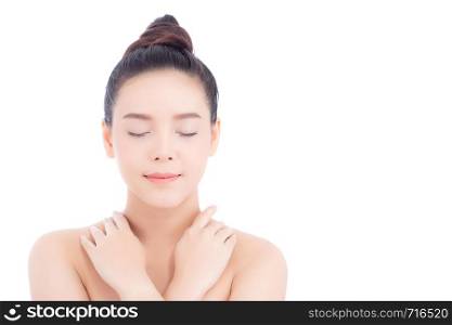 Portrait of beautiful asian woman makeup of cosmetic, girl touch shoulder and smile attractive, face of beauty perfect with wellness isolated on white background with skin healthcare concept.